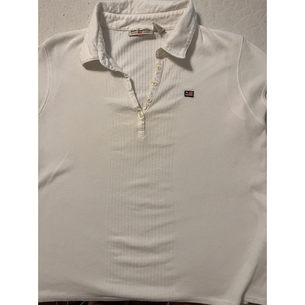 90s Y2K Women's Teen Polo Jeans Co Collared Ribbed Shirt Ralph Lauren XL White